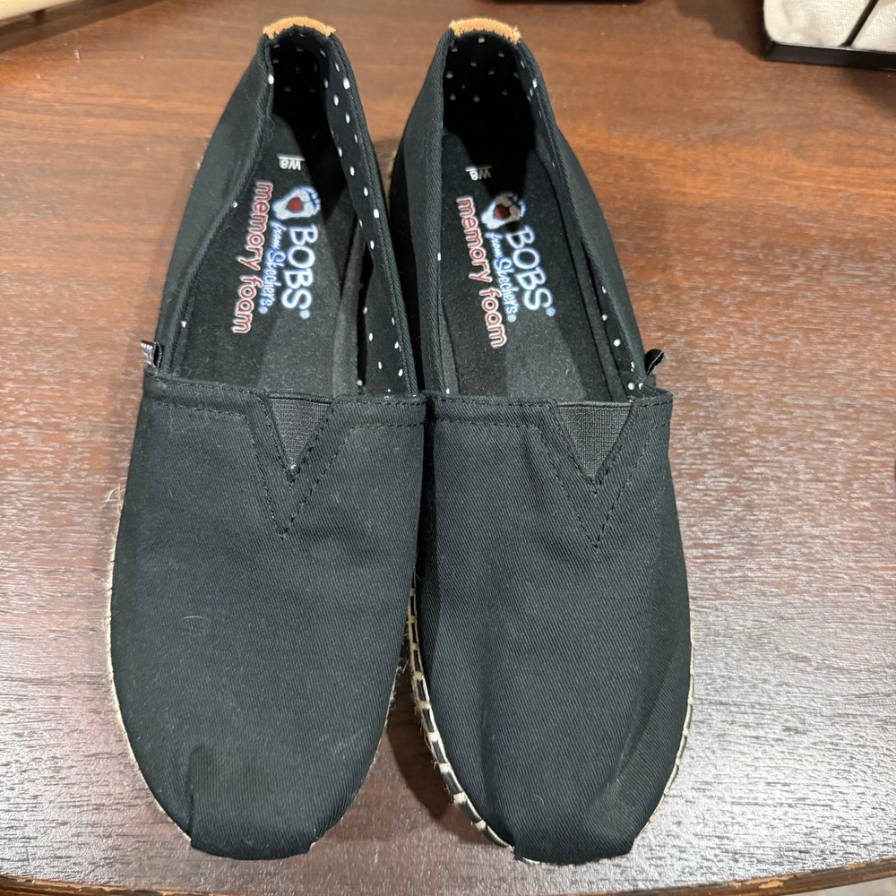 Skechers BOBS Womens Black Canvas Espadrille Memory Foam Flats 32719 Size 8